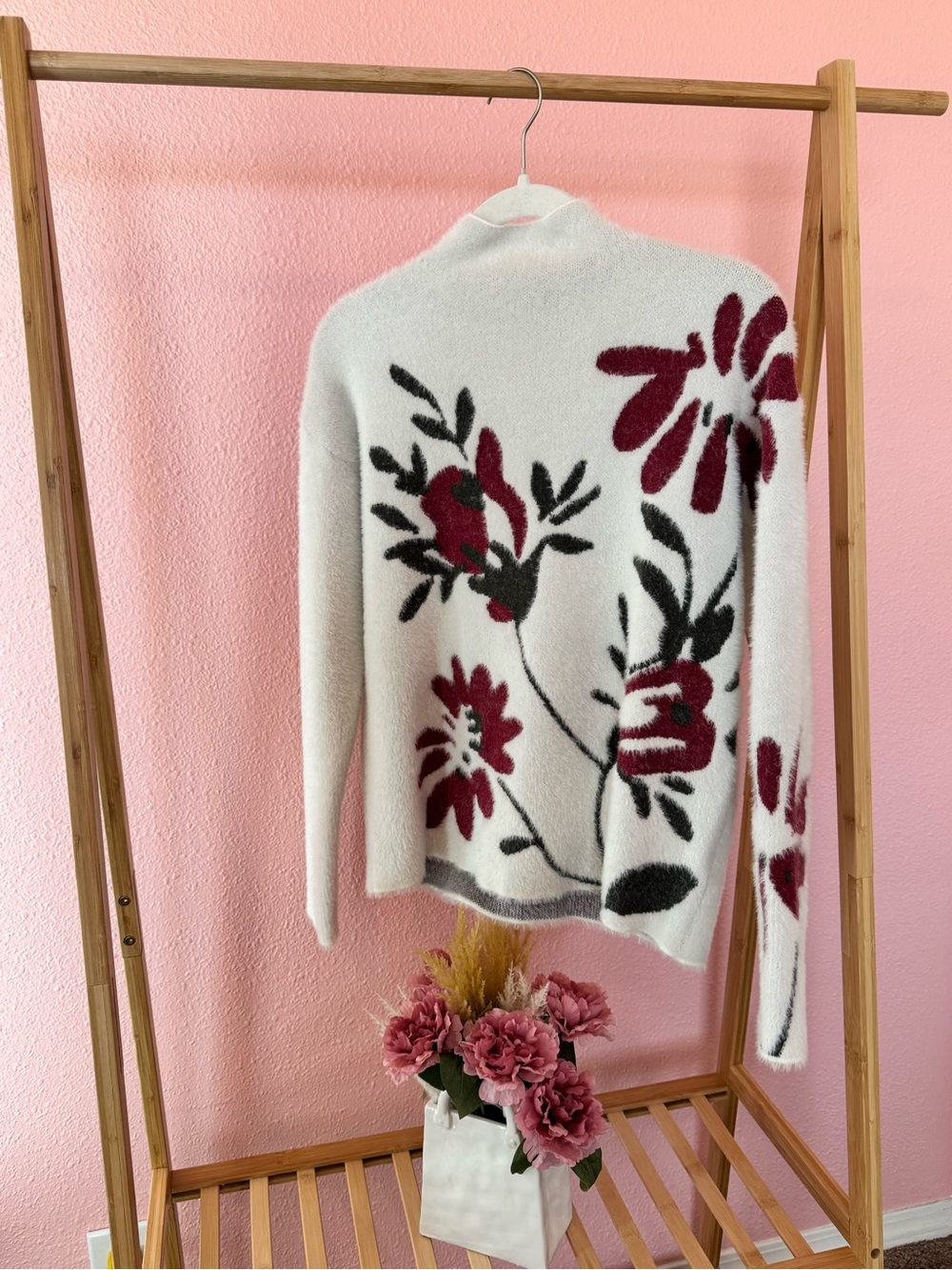 Max Studio Cream Cowl-Neck Sweater with Burgundy and Black Floral Design
